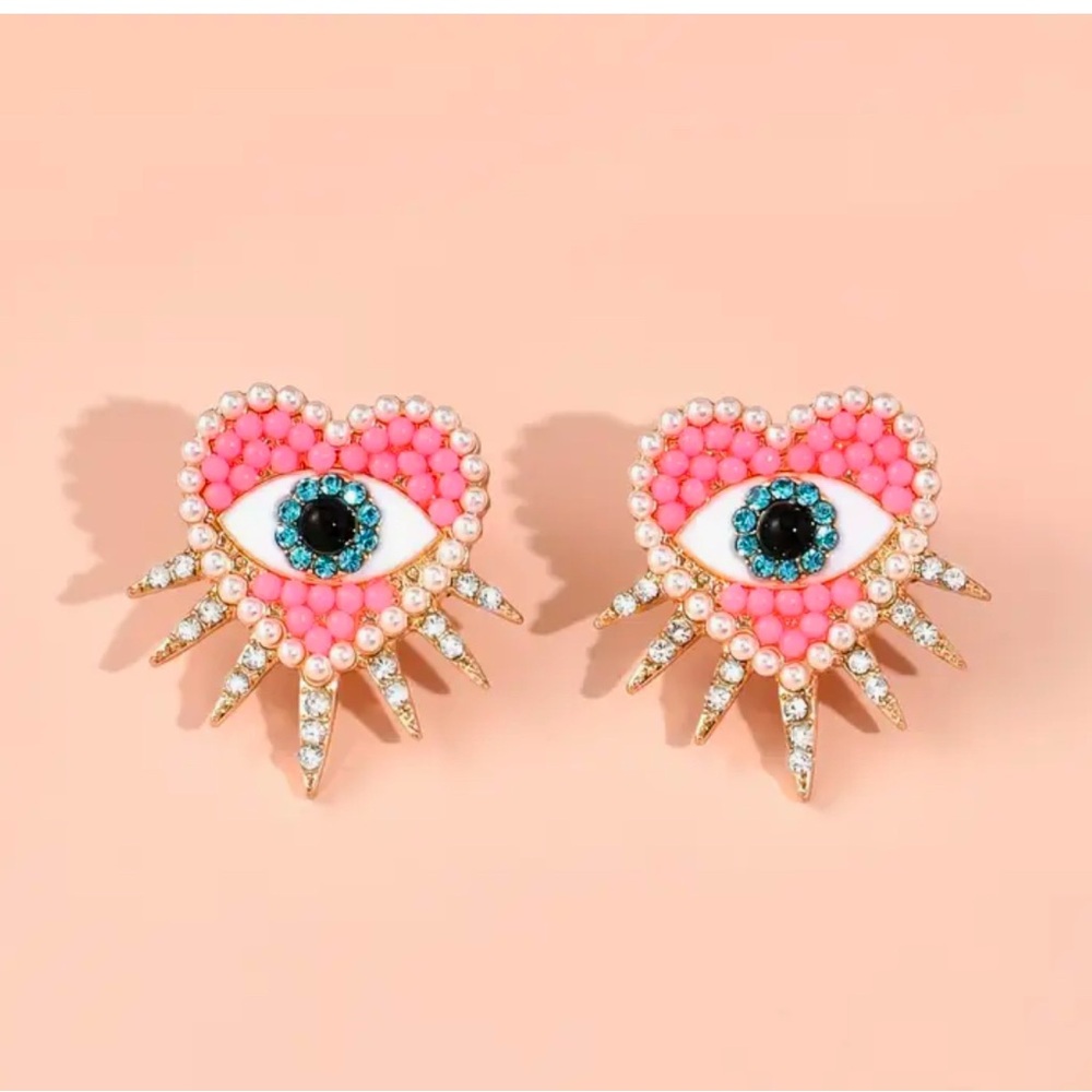 New pink evil eye hearts gem studs studded earrings boho art glam steam punk